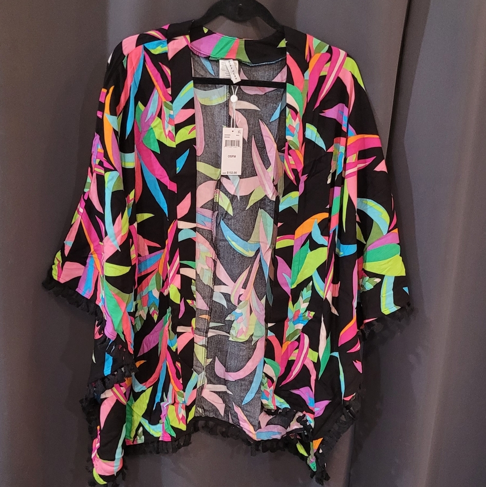 BRIGHT COLORFUL BLACK KIMONO COVERUP BIRDS OF PARADISE FRINGE TASSELS TRINA TURK